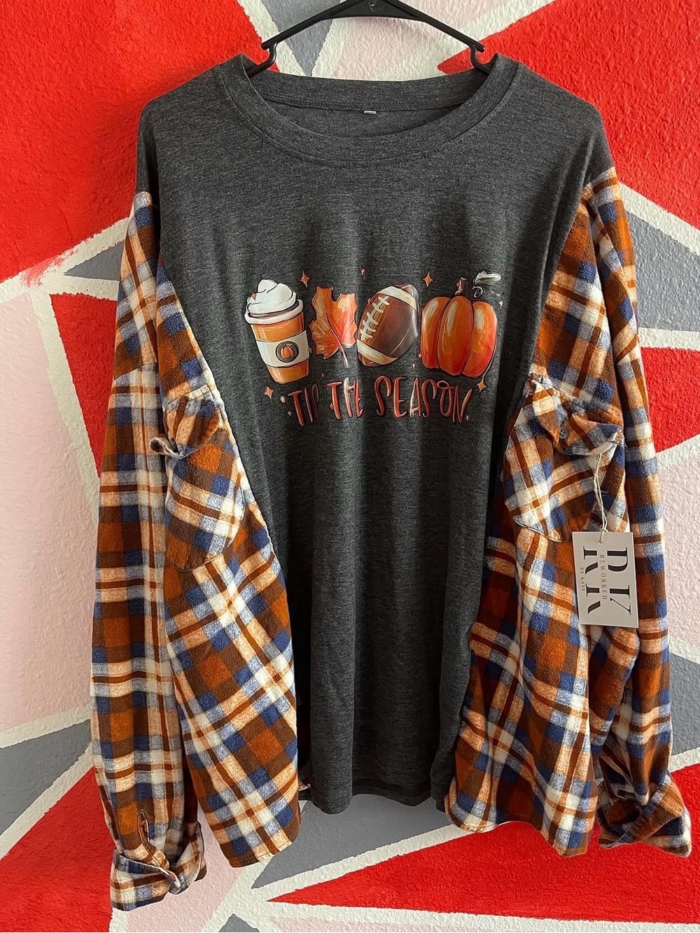 Womens Long Flannel Shirt w/ Graphic Tee with Plaid Sleeves - Charcoal & Orange